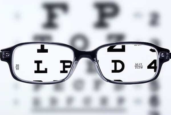 Glasses in front of eye chart